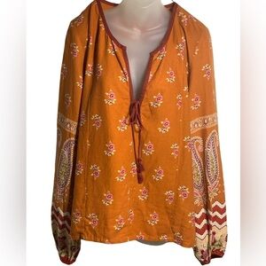 Tigerlily Orange Tie Front Linen Viscose Long Balloon Sleeve Boho Blouse Size 8